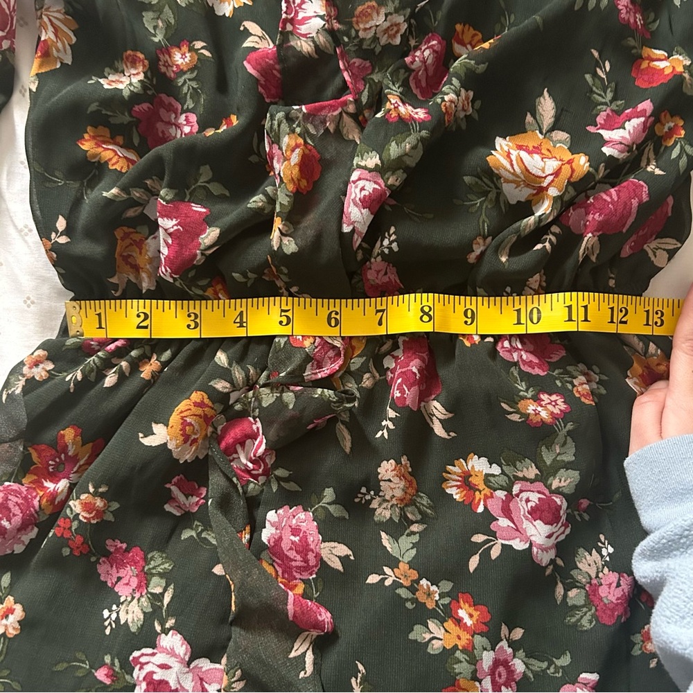 Trixxi green & pink floral dress, fit-and-flare, sheer sleeve, v neck, size XS/S - Picture 5 of 8